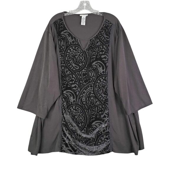 Catherines Shirt Tunic Women's Plus 4X Black Velvet Burnout Pullover 3/4 Sleeve - Picture 2 of 8